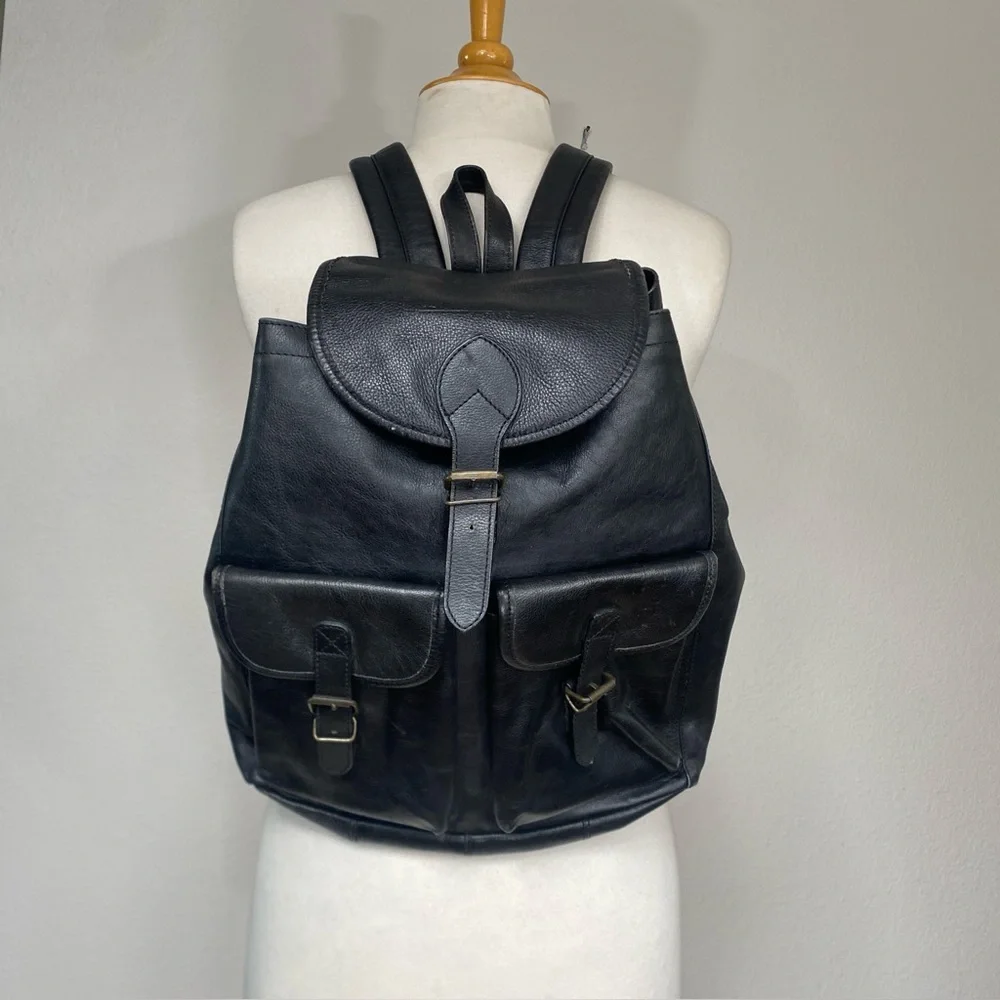 Vintage Women's Y2K Black Leather Multi Pocket Buckle Backpack Purse Streetwear